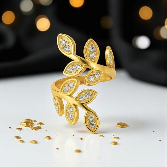 ποΈElegant 18K Gold Plated Adjustable Leaves πΏLeaf Ring Sparkling Zircon β¨ - Picture 14 of 14